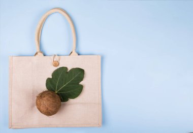 Kokkonat ve incir yapraklı çevre dostu pamuk torbası. Mavi arka planda, kopya alanı, minimum doğa tarzı.