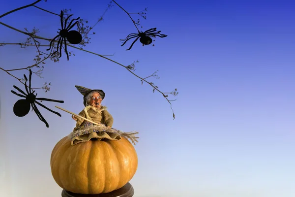 Czarownica Papieru Siedzi Dyni Kompozycja Halloween Karta Lub Plakat Gradientowym — Zdjęcie stockowe