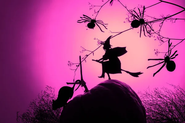 Fond Halloween Créatif Tendance Avec Une Silhouette Sorcière Volante Des — Photo