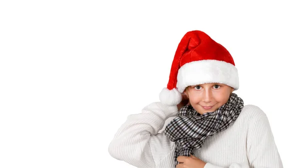 Adorável Sorrindo Menino Loiro Está Vestindo Natal Chapéu Vermelho Papai — Fotografia de Stock