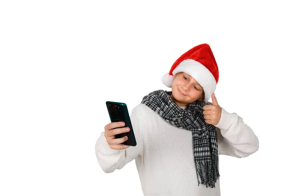 Adorável Sorrindo Menino Loiro Está Vestindo Chapéu Vermelho Papai Noel — Fotografia de Stock