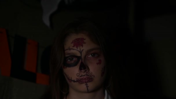Young Woman Halloween Makeup Santa Muerte Sugar Mexican Skull Day Video By C Anna Fedorova It Stock Footage 418512900