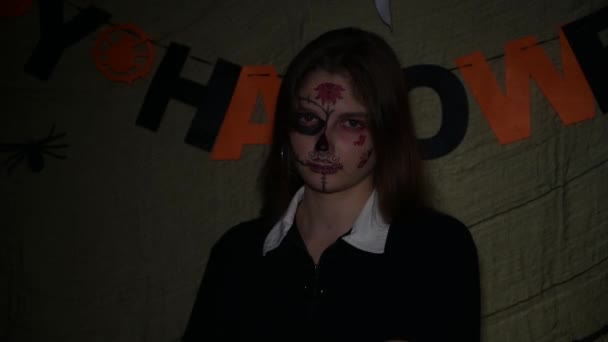 Young Woman Halloween Makeup Santa Muerte Sugar Mexican Skull Day — Stock Video