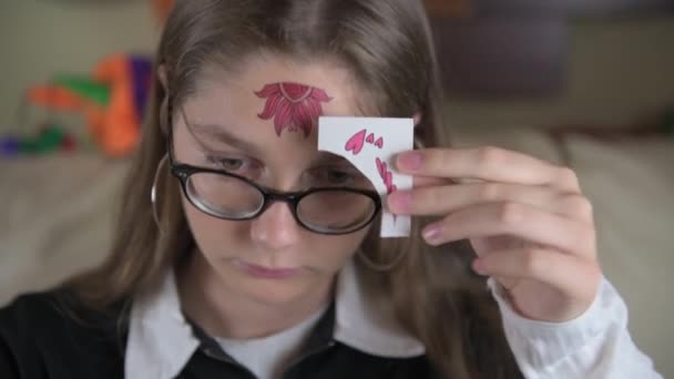 Girl Glasses Sticks Temporary Tattoo Her Forehead Simple Make Halloween — Stock Video