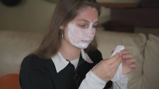Girl Washes White Makeup Her Face Halloween Carnival Home Makeover — Stock Video