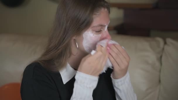 Girl Washes White Makeup Her Face Halloween Carnival Home Makeover — Stock Video