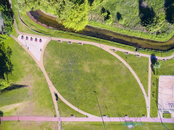 Aerial view of beautiful public city park in Wegorzewo, Mazury, Poland