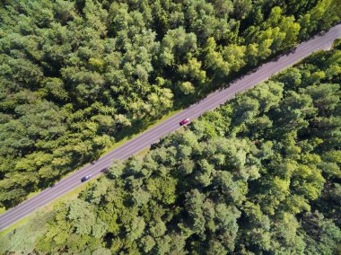 Karışık ormana Mazury, Polonya düz yolda havadan görünümü