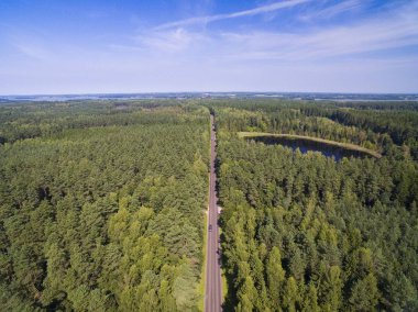 Düz yol göl kıyısını Mazury, Polonya tarafından karışık orman yoluyla havadan görünümü