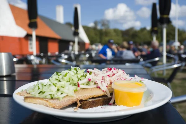 Gudhjem - Danimarka çanak rugbrod oluşan üzerinde sol füme ringa balığı, frenk soğanı, soğan, turp, deniz tuzu ve çiğ yumurta sarısı. Arka plan, Hasle, Bornholm, Denmark karakteristik bacaları ile geleneksel smokehouse