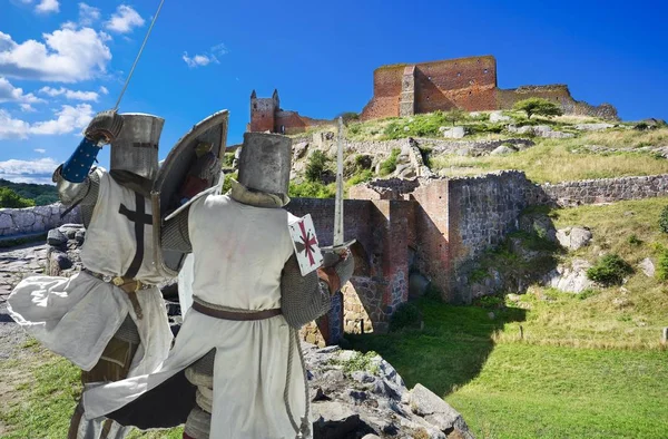 Medieval Knights Fighting Ruins Hammershus Castle Biggest Northern Europe Castle — Stock Photo, Image