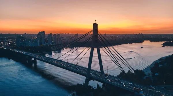 Vue Panoramique Silhouette Pont Moskovsky Coucher Soleil Kiev Ukraine — Photo