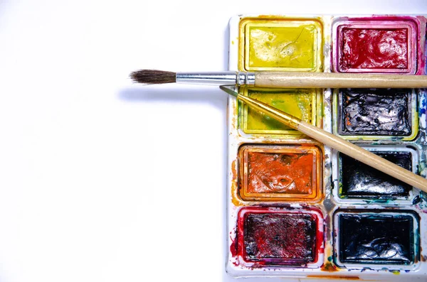 Palette Watercolors Brushes Paints White Background Watercolor Paints Brushes Top — Stock Photo, Image
