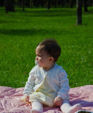 Parkta yeşil çim üzerinde pembe ekose parlak giysiler bebek. Yeni doğan bebek sıcak bir günde dışarıda. Küçük kız ilkbaharda yeşil bir çim enlaid üzerinde bir ekose üzerinde oynuyor