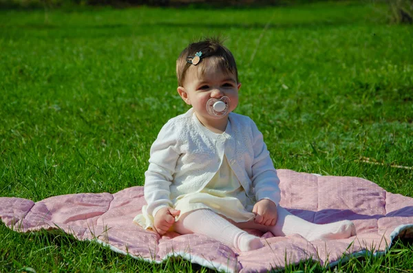 Ребенок Яркой Одежде Розовой Клетке Зеленой Траве Парке Новорожденный Ребенок — стоковое фото