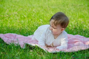 Parkta yeşil çim üzerinde pembe ekose parlak giysiler bebek. Yeni doğan bebek sıcak bir günde dışarıda. Küçük kız ilkbaharda yeşil bir çim enlaid üzerinde bir ekose üzerinde oynuyor