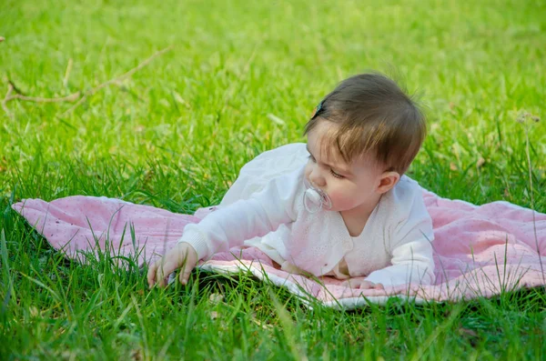 Baby Heller Kleidung Auf Rosa Plaid Auf Grünem Gras Park — Stockfoto