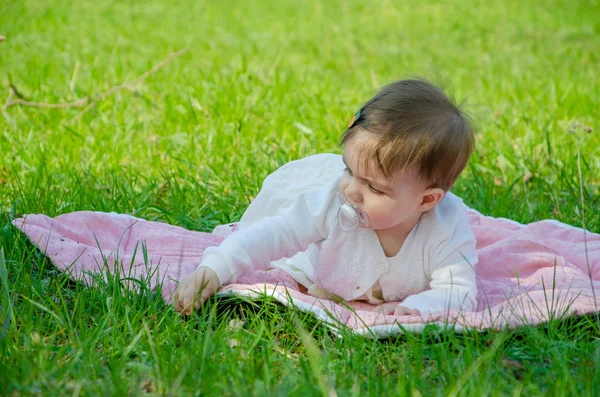 Baby Heller Kleidung Auf Rosa Plaid Auf Grünem Gras Park — Stockfoto