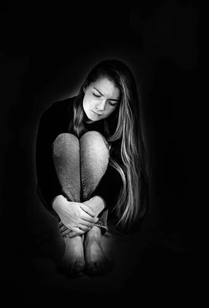 Sad Beautiful Girl Long Blonde Hair Dressed Jeans Black Sweater — Stock Photo, Image