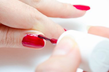 Evde manikür. Manikür. Kız tırnaklarını kırmızıya boyuyor, bordo. Parlak tırnak cilası. Makro 'da makro. Fırça, beyaz arka planda güçlü bir zum yaparak tırnağa vernik sürmektir.