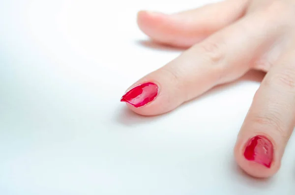 Manicure Home Diy Manicure Girl Paints Herself Nails Red Burgundy — Stock Photo, Image