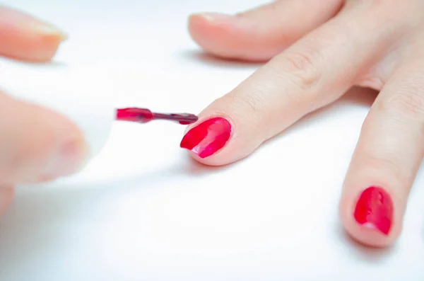 Manicure Home Diy Manicure Girl Paints Herself Nails Red Burgundy — Stock Photo, Image