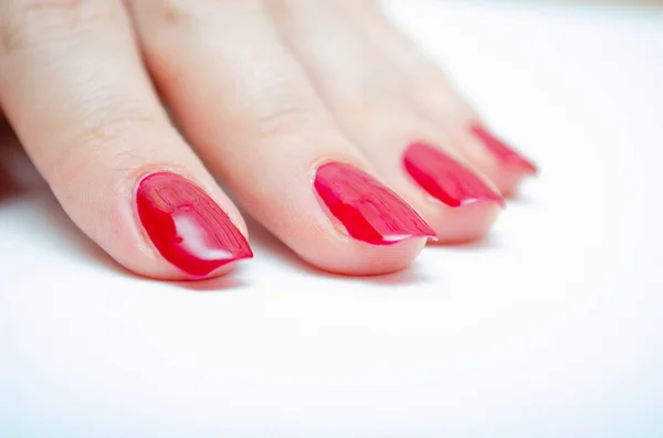 Manicure Home Diy Manicure Girl Paints Herself Nails Red Burgundy — Stock Photo, Image