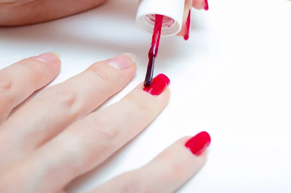 Manicure Home Diy Manicure Girl Paints Herself Nails Red Burgundy — Stock Photo, Image