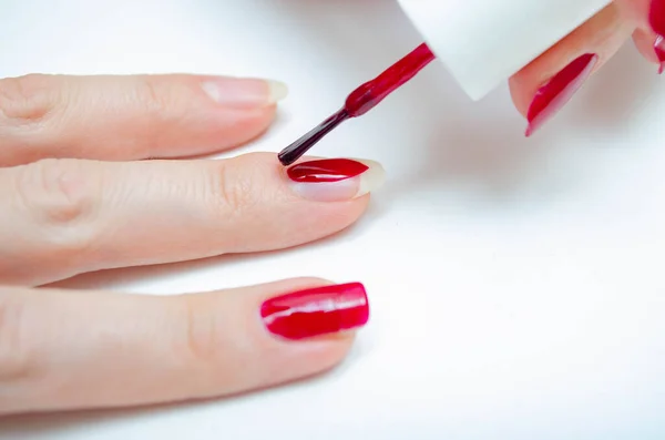 Manicure Home Diy Manicure Girl Paints Herself Nails Red Burgundy — Stock Photo, Image