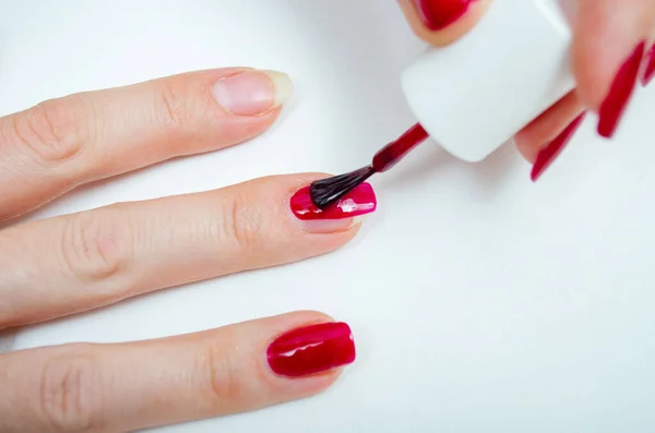 Manicure Home Diy Manicure Girl Paints Herself Nails Red Burgundy — Stock Photo, Image