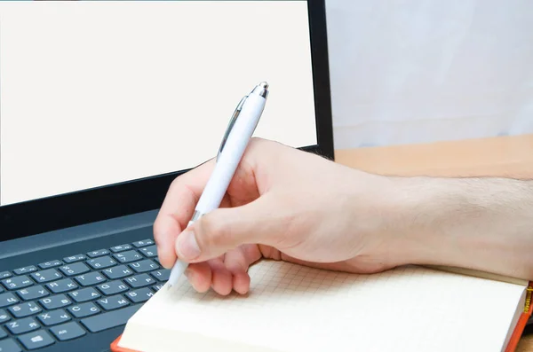 Man Laptop Guy Black Shirt Sits Table Works Laptop Typing — Stock Photo, Image