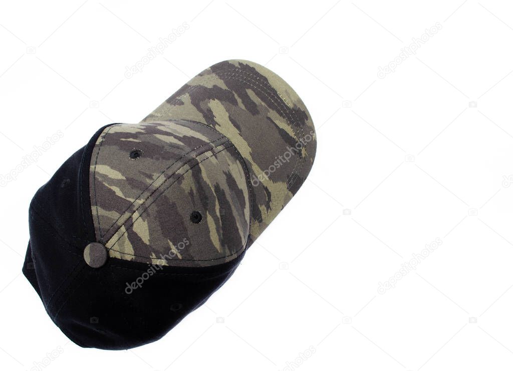 Men's two-tone cap on a white background. The baseball cap is black at the back, front and visor of the military workshop, khaki camouflage. Men's black cap with camouflage in macro. Side view, stern, top. Cap closure, button on top, ventilation hole
