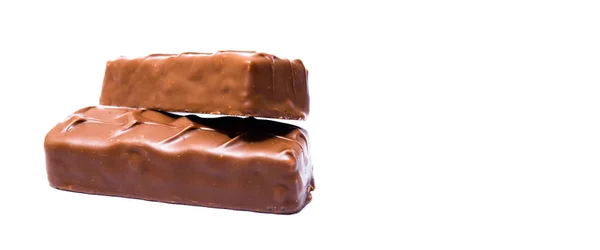 Duas Pequenas Barras Snickers Pesando Gramas Sem Embalagem Macro Estão — Fotografia de Stock