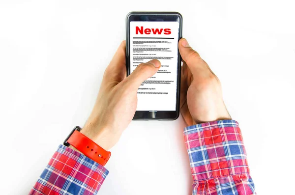 News Reading News Inscription Red News Smartphone Screen Lies White — Stock Photo, Image