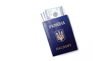 Beyaz arka planda Ukrayna pasaportu. 100 dolar pasaportun içinde farklı açılardan.