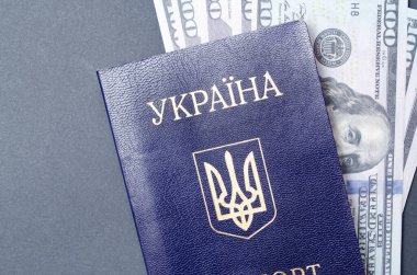 Siyah arka planda Ukrayna pasaportu. 100 dolar pasaportun içinde farklı açılardan.