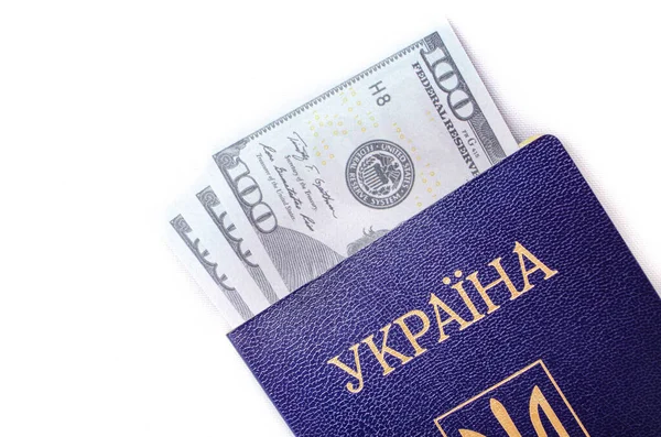 Beyaz arka planda Ukrayna pasaportu. 100 dolar pasaportun içinde farklı açılardan.