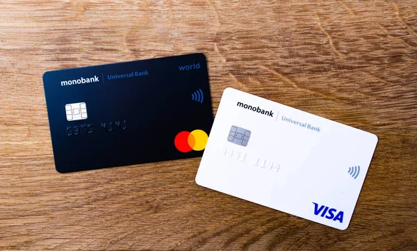White Black Card Monobank Plastic Debit Black White Card Wooden — Stock Photo, Image