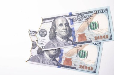 Yanmış dolarlar. Beyaz arkaplan banknotlarında yakın plan olarak yanmış yan görünüm