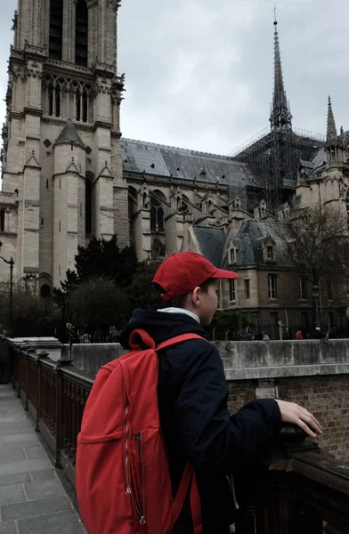 孩子们去欧洲旅行。法国巴黎圣母院外墙 03.20.2019 — 图库照片