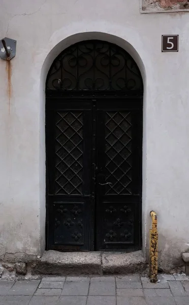 Lviv Ukrayna şehrinde Sokak. Yüzünde antika kapılar — Stok fotoğraf