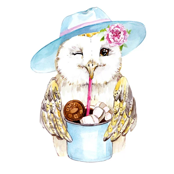 watercolor drawing of an owl with a Cup of cocoa in the boho style