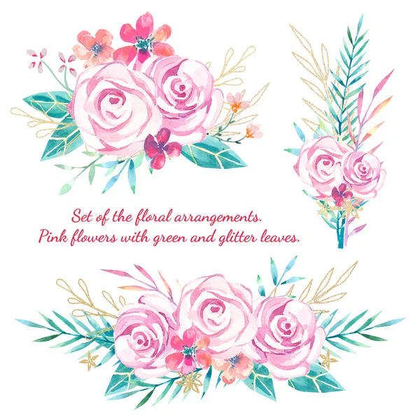 Watercolor Set Floral Arrangements Pink Roses Green Glitter Leaves — Stock Photo, Image