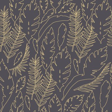 Koyu arka planda beyaz arka plan üzerinde altın ışıltılı Dikişsiz desen ile tropikal yaprakları