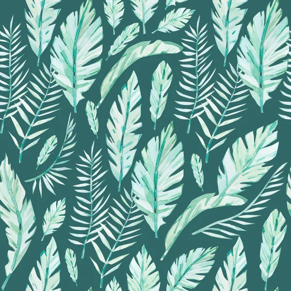 Акварельный Рисунок Тропических Листьев Бесшовный Узор Темном Фоне — стоковое фото