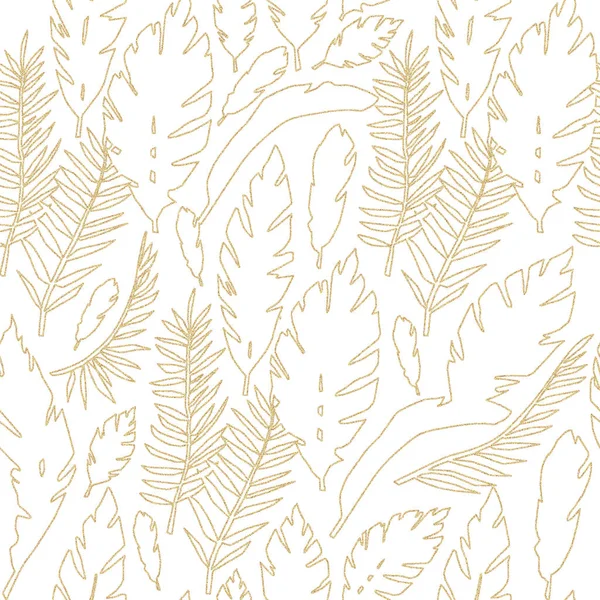 Beyaz Arka Planda Altın Işıltılı Dikişsiz Desen Ile Tropikal Yaprakları — Stok fotoğraf