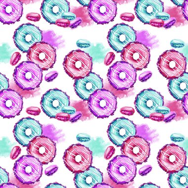 el boyalı suluboya dikişsiz desen donuts ve makarna, neon parlak renkler