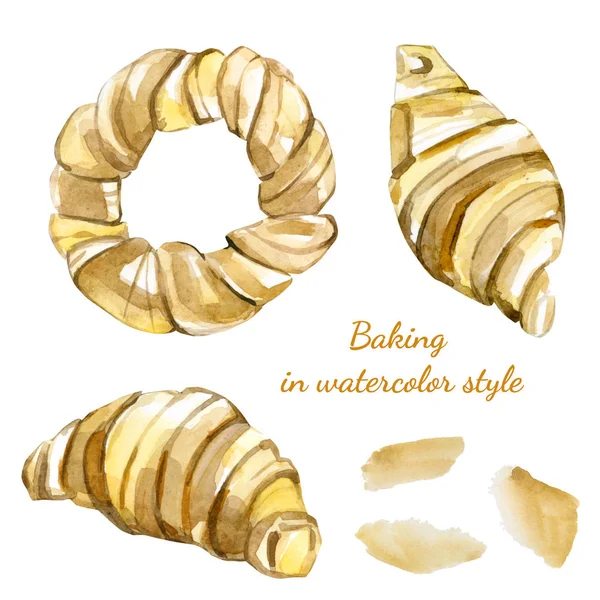 Handgeschilderde Bakken Aquarel Stijl Geïsoleerd Witte Achtergrond Croissants Bagels — Stockfoto