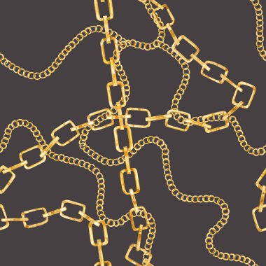 Renk arka plan üzerinde bir suluboya stilize dikişsiz desen altın zincir moda illüstrasyon. Aksesuarlar trendy baskı