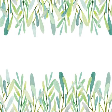 Suluboya çiçek illüstrasyon - Zeytin yaprak ve dalları çerçeve, düğün kırtasiye, selamlar, duvar kağıtları, moda, arka plan.